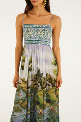 Multicolor Countryside Landscape Adjustable Straps Maxi Dress