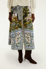 Multicolor Countryside Landscape Belted Midi Skirt