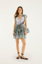 Multicolor Countryside Landscape Belted Ruffled Mini Dress