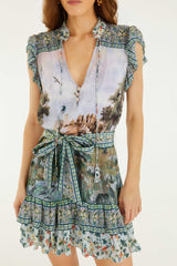 Multicolor Countryside Landscape Belted Ruffled Mini Dress