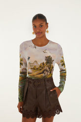 Multicolor Countryside Landscape Long Sleeve Jersey Blouse