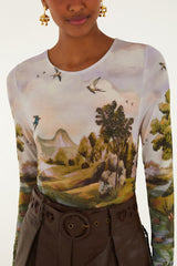 Multicolor Countryside Landscape Long Sleeve Jersey Blouse
