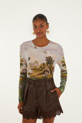 Multicolor Countryside Landscape Long Sleeve Jersey Blouse