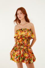 Multicolor Fruit Garden Red Smocked Balloon Mini Dress