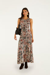 Multicolor Rustic Flowers Sleeveless Ruched Maxi Dress
