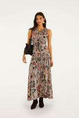 Multicolor Rustic Flowers Sleeveless Ruched Maxi Dress
