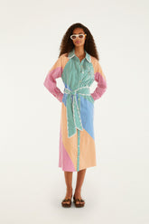 Multicolor Stripes Embroidered Belted Midi Dress