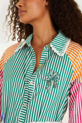 Multicolor Stripes Embroidered Belted Midi Dress
