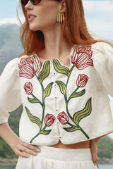 Off-White Flower Embroidered Crop Top