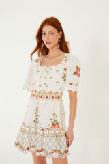 Off-White Flower Embroidery Scalloped Mini Dress