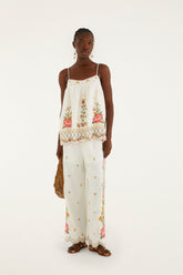 Off-White Flower Embroidery Wide-Leg Pants