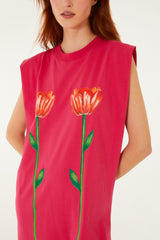 Pink Tropical Rose Padded Shoulders Mini Dress