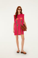 Pink Tropical Rose Padded Shoulders Mini Dress