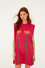 Pink Tropical Rose Padded Shoulders Mini Dress