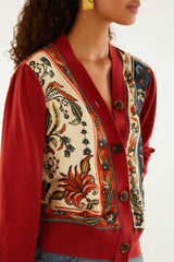 Red Ainika Garden Scarf Buttoned Knit Cardigan