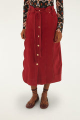 Red Buttoned Belted Wavy Midi Skirt