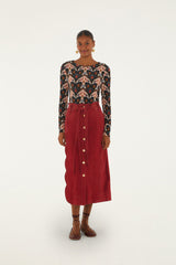 Red Buttoned Belted Wavy Midi Skirt