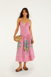 Pink Palm Tree Stripes Cutwork Midi Dress