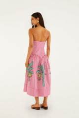 Pink Palm Tree Stripes Cutwork Midi Dress