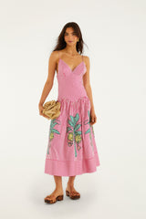 Pink Palm Tree Stripes Cutwork Midi Dress
