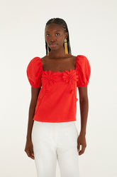 Red 3D Flowers Puff Sleeve Blouse