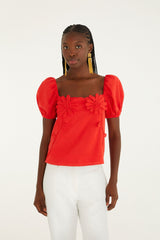 Red 3D Flowers Puff Sleeve Blouse