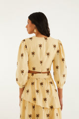 Sand Embroidered Trees Buckled Long Sleeve Crop Top