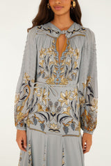 Stained Glass Beauty Long Sleeve Pleated Maxi Dress