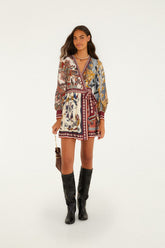 Stained Glass Beauty Mixed Scarves Tassels Mini Dress