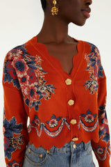 Terracota Victorian Floral Buttoned Knit Cardigan