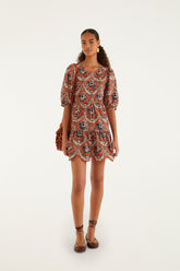 Terracotta Victorian Floral Puff Sleeve Mini Dress