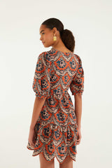 Terracotta Victorian Floral Puff Sleeve Mini Dress