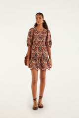 Terracotta Victorian Floral Puff Sleeve Mini Dress