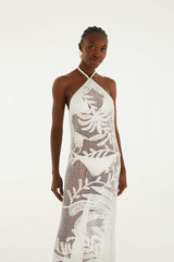 White Crochet Halter Neck Sheer Midi Dress