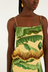 Yellow Fruit Leaves Banana Beaded Fringes Sleeveless Top