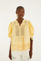 Yellow Romantic Richelieu Short Sleeve Blouse