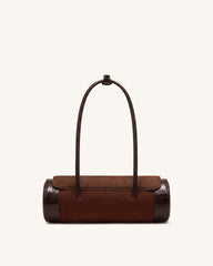 Maelis Faux Suede Croc-Trim Barrel Bag - Dark Brown