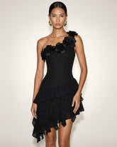 Flower Embroidered One-Shoulder Corset Mini Dress - Black