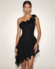 Flower Embroidered One-Shoulder Corset Mini Dress - Black