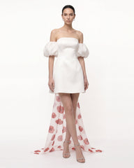 3D Floral Corn Poppy Puff-Sleeve Mini Dress with Train - Ivory