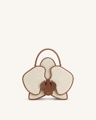Flora Orchid Shaped Top Handle Bag - Brown White Canvas