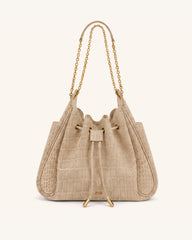 Rowan Faux Suede Drawstring Chain Bucket Bag - Camel Croc