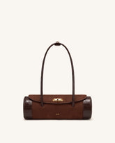 Maelis Faux Suede Croc-Trim Barrel Bag - Dark Brown