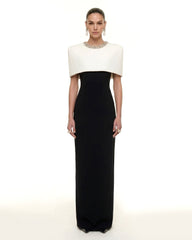 Crystal-Trim Capelet Maxi Dress - Black & Ivory