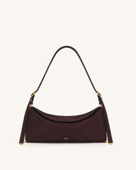 Elowen Faux Suede East-West Shoulder Bag - Dark Brown