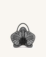 Flora Artificial Crystal Orchid Shaped Top Handle Bag - Black White