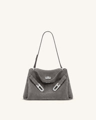 Rhea Faux Suede Double Buckle Shoulder Bag - Grey