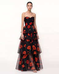 Printed Corn Poppy Tiered Tulle Strapless Maxi Dress - Black