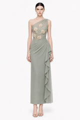 Botanical Embellished Ruched One-Shoulder Maxi Dress - Sage Green