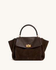 Lucia Faux Suede Winged Top Handle Bag - Dark Brown